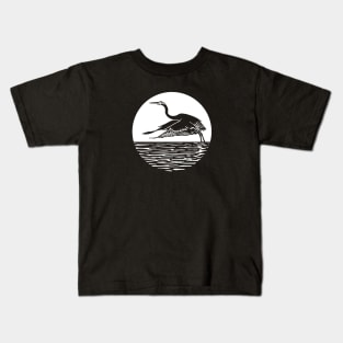 Great Blue Heron Flying in front of Sun Kids T-Shirt